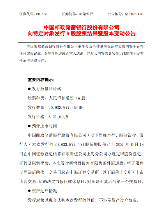 邮储银行：完成向特定对象发行约209.34亿A股股票