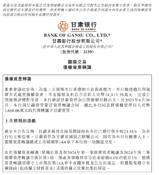 甘肃银行：与甘肃资管签订资产转让合同 将债权资产以3666.06万元的代价转让予甘肃资管